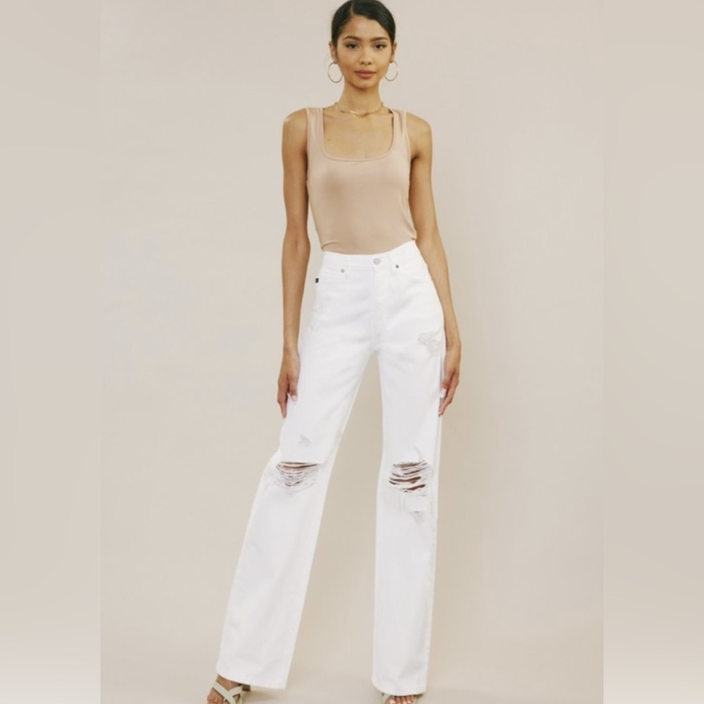 KanCan White Distressed Wide Leg Jeans with Beige Top